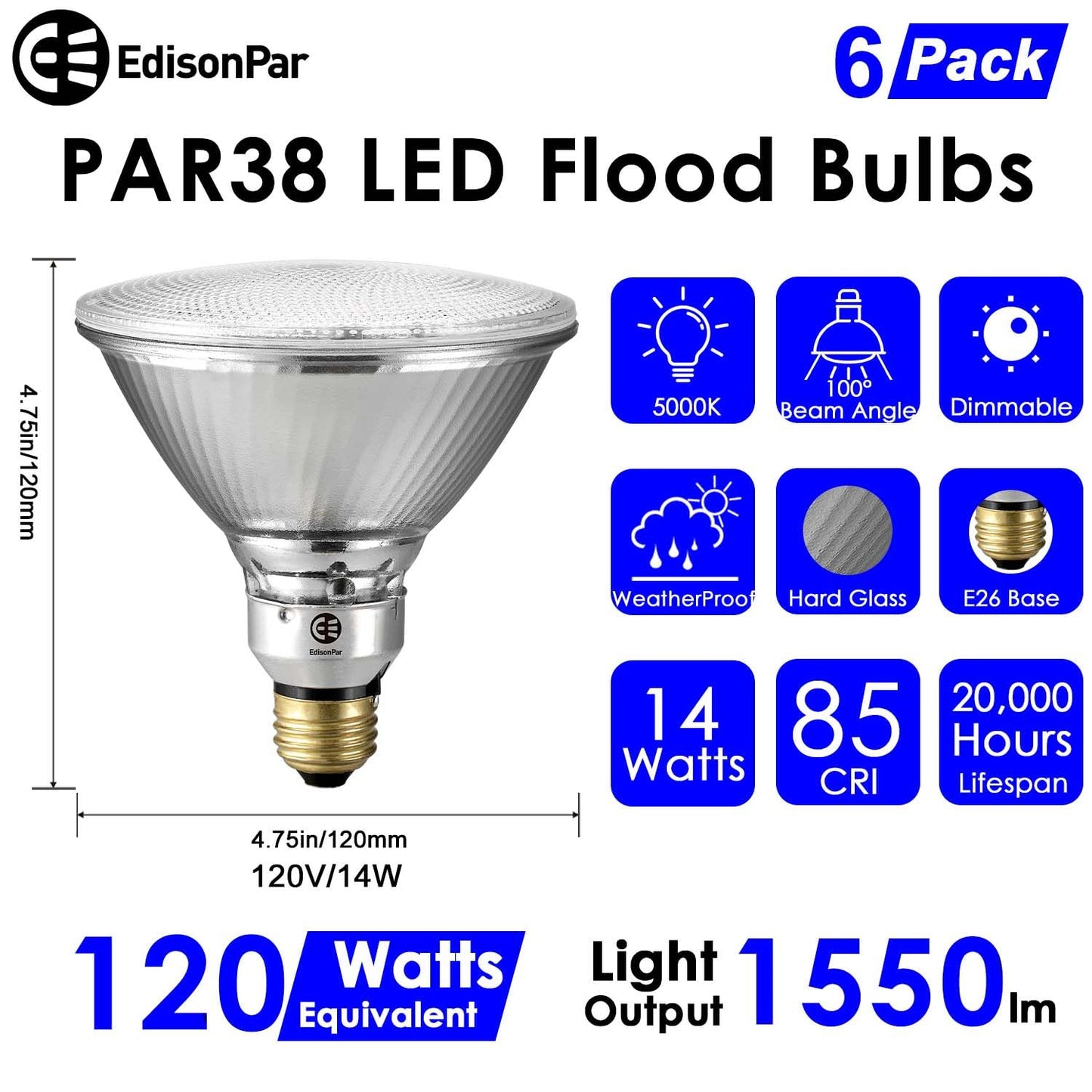 EdisonPar PAR38 Glass Commercial LED Light Bulb, 14W=120W Equivalent 1550 Lumens 20000 Hours Classic Flood Light Bulbs, Dimmable Daylight 5000K Flood