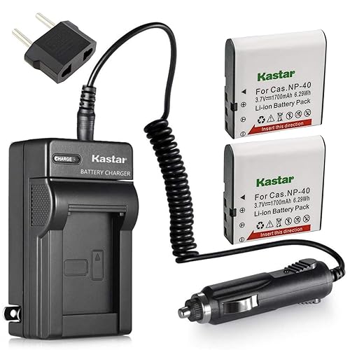 Kastar Battery (X2) & Travel Charger for Cas NP-40 and Exilim Z400 FC100 FC150 FC160S P505 P600 P700 Z100 Z1000 Z1050 Z1080 Z1200 Z200 Z30 Z300 Z40