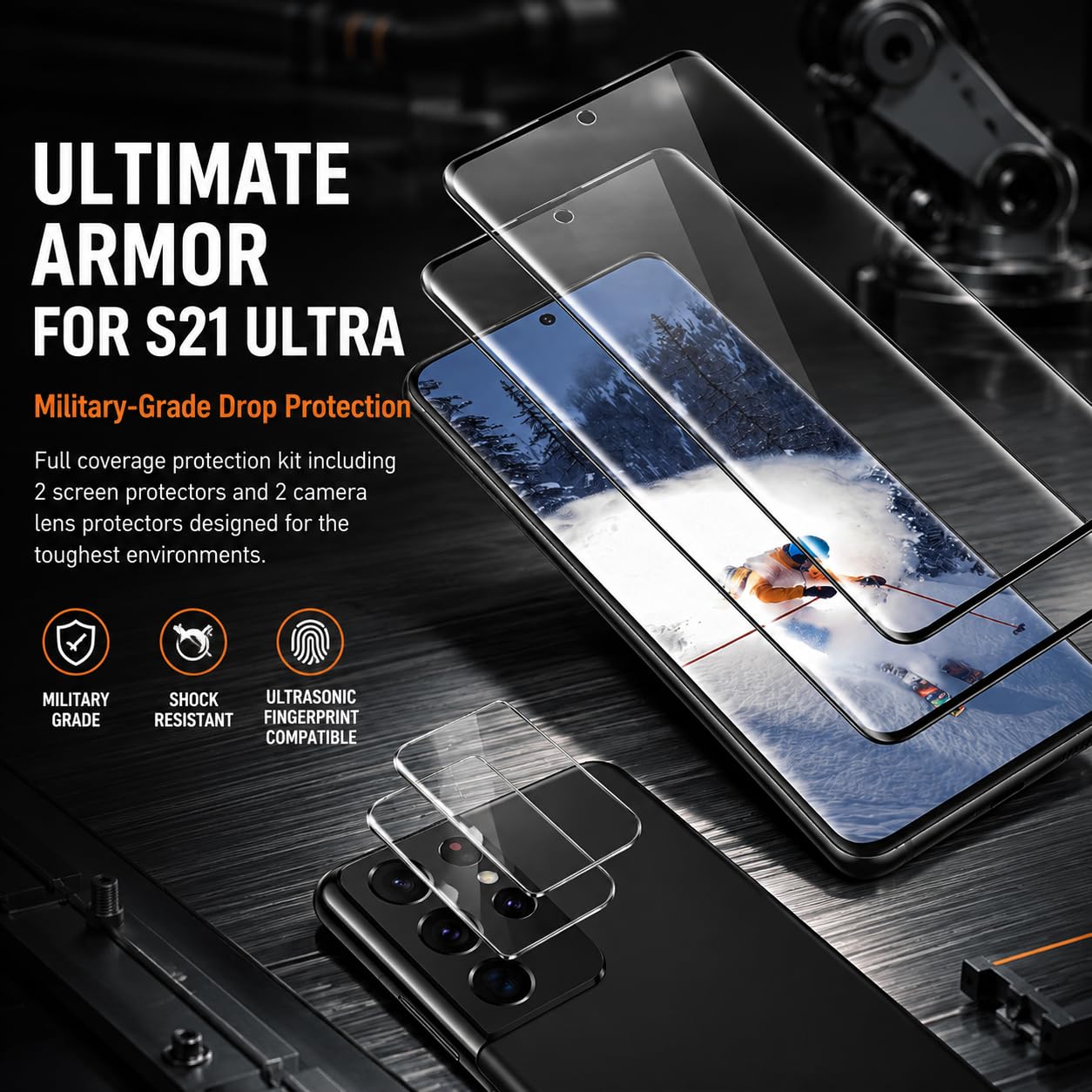 2 Pack Galaxy S21 Ultra Screen Protector, HD Clear Tempered Glass,2 Pack Camera Lens Protector, Fingerprint Unlock,3D Curved Full Coverage,Scratch
