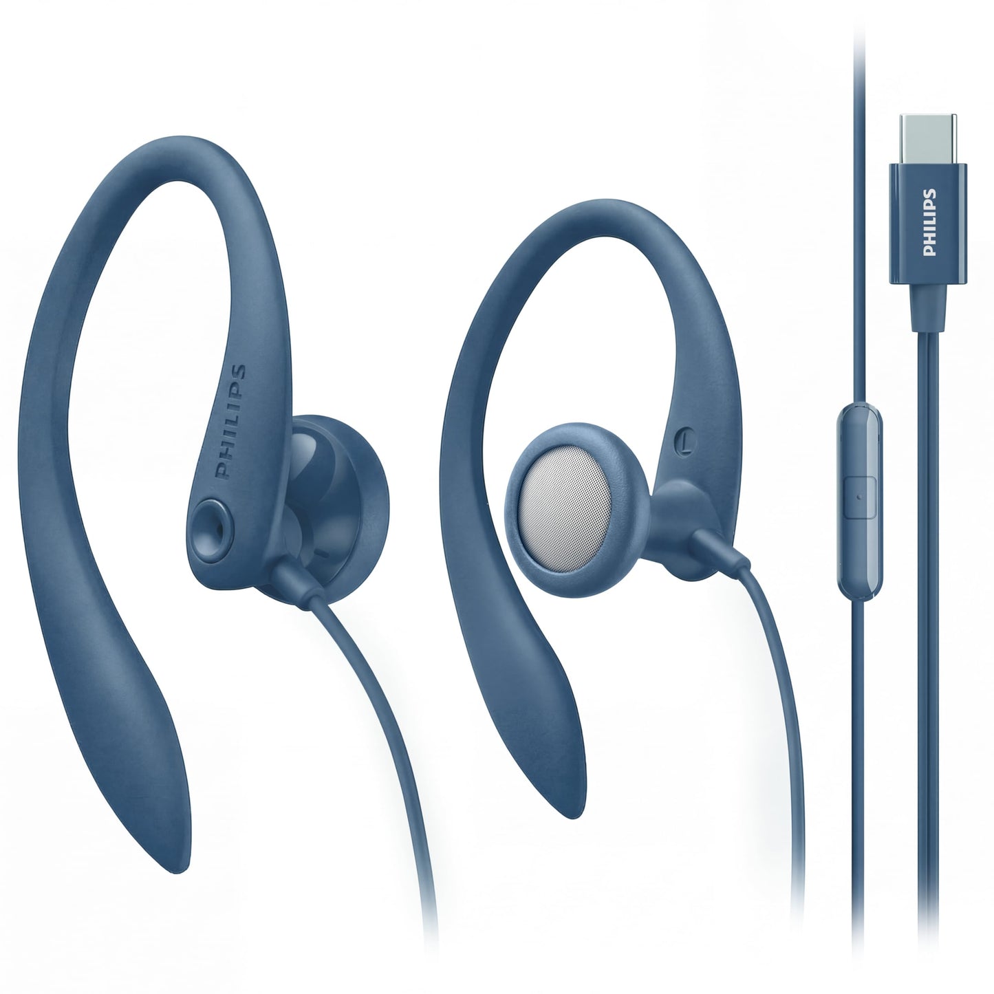Philips USB-C Wired Earbuds with Microphone, Secure Fit Over-Ear Sport Earhooks, Deep Bass 15mm Drivers, in-Line Controls, Plug-and-Play USB-C