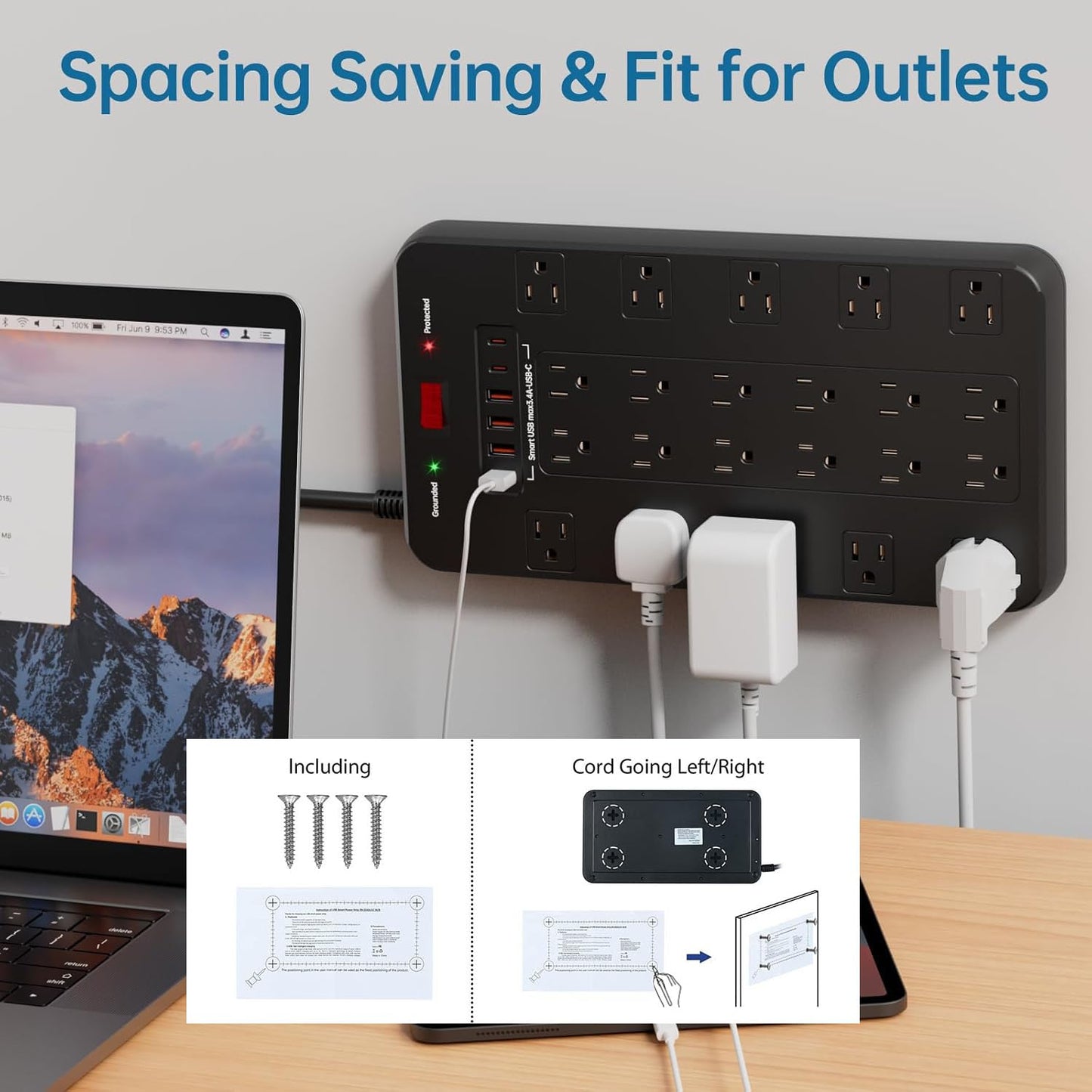 Surge Protector Power Strip with 22 Outlets 6 USB Ports(2 USB C), 1875W/15A, 6.5 FT Flat Plug Heavy Duty Extension Cord with Multiple Outlets for Home