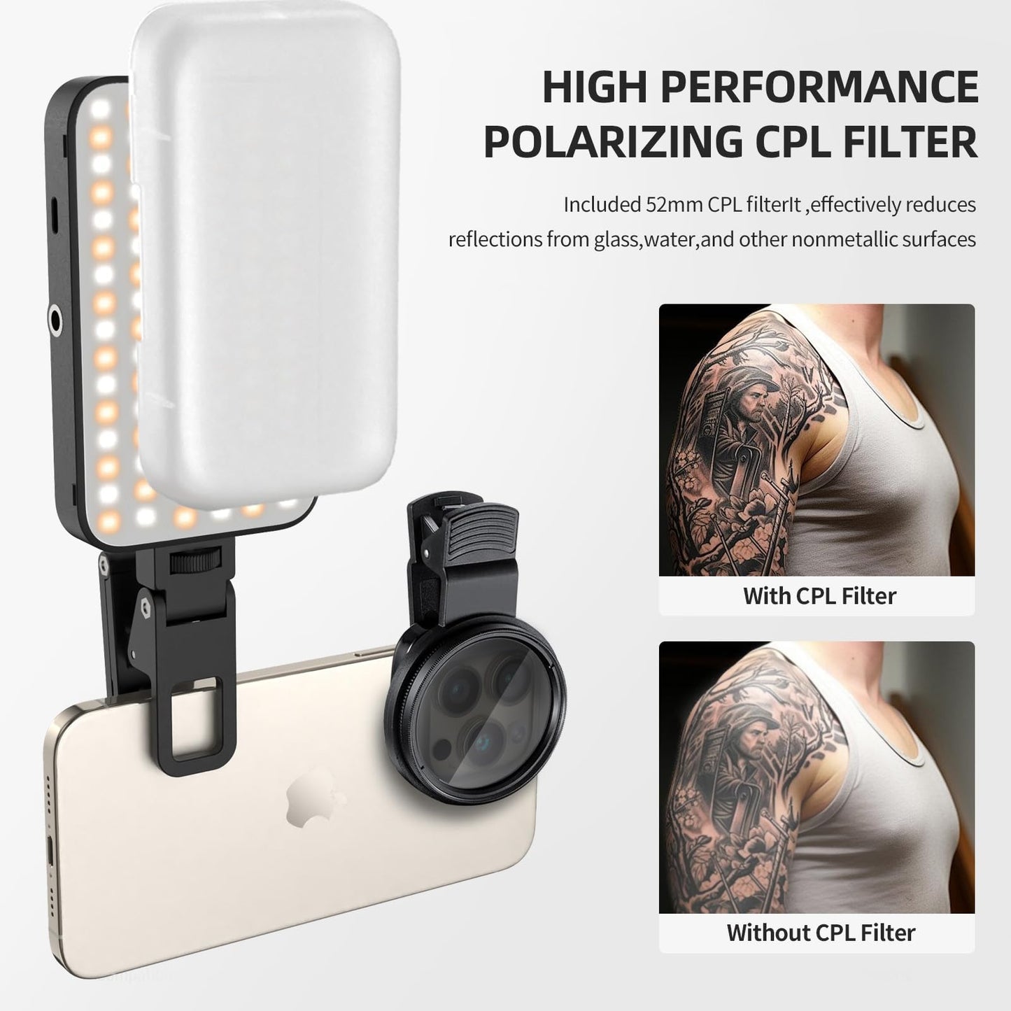 Selfie Tattoo Light Kit,Tattoo Equipment Supplies,Remove Glare LED Tattoo Photography Video Lights with 52mm CPL,Tripod Light,Dual Clips for Video