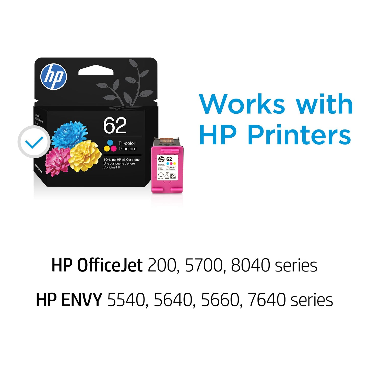 HP 62 Tri-Color Ink Cartridge | Works with Envy 5540, 5640, 5660, 7640, OfficeJet 5740, 8040, Mobile 200, 250 | C2P06AN | Packaging May Vary