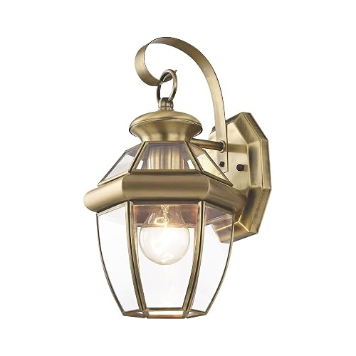 Livex Lighting 2051-01 Monterey 1 Light Outdoor Antique Brass Finish Solid Brass Wall Lantern with Clear Beveled Glass