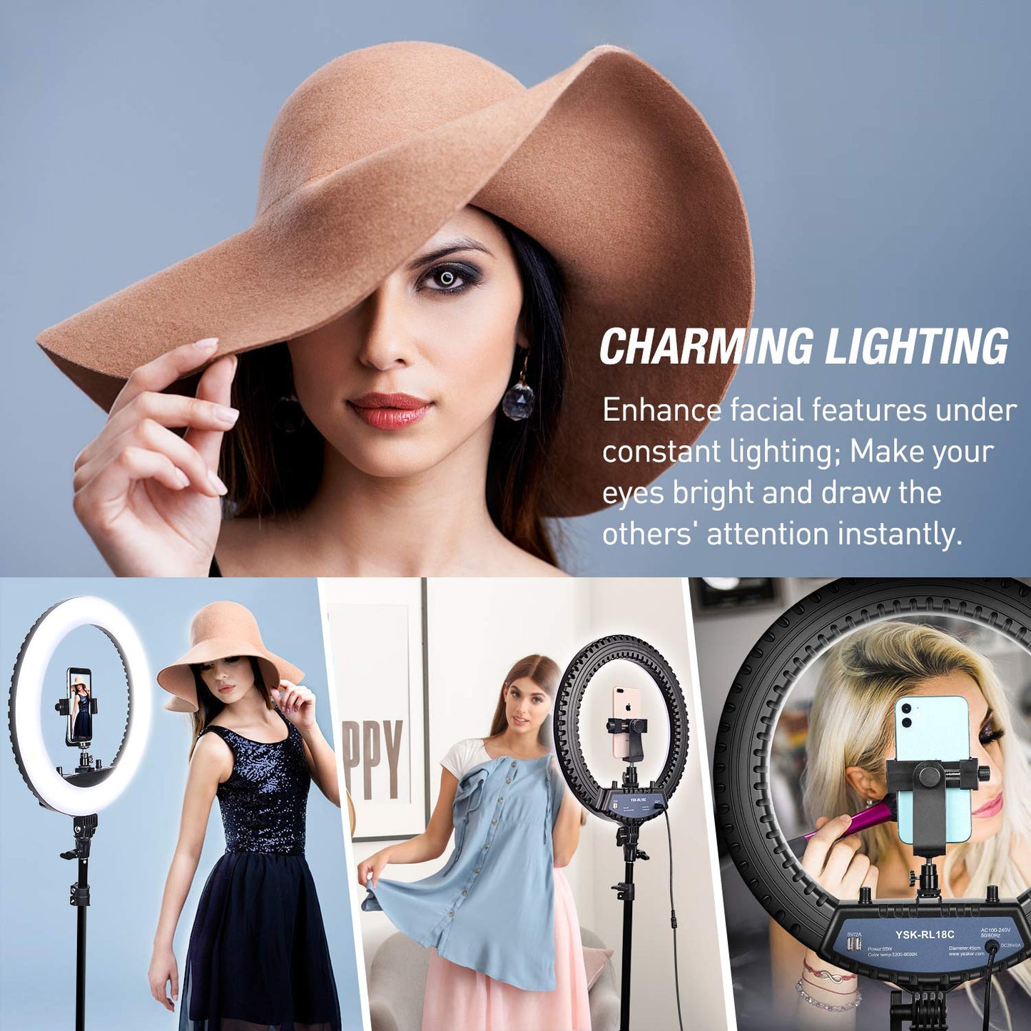 Yesker Ring Light 18 Inch with Stand Tripod Big Selfie Ringlight Adjustable 6000K Dimmable LED Portable Professional Ring Lights Kit Phone Holder
