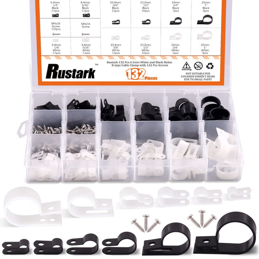 Rustark 132 Pcs 6 Sizes White and Black Nylon R-Type Cable Clamp Cable Organizer Cord Fasteners Screw Mounting Electrical Grip Wire Clips with 132 Pcs