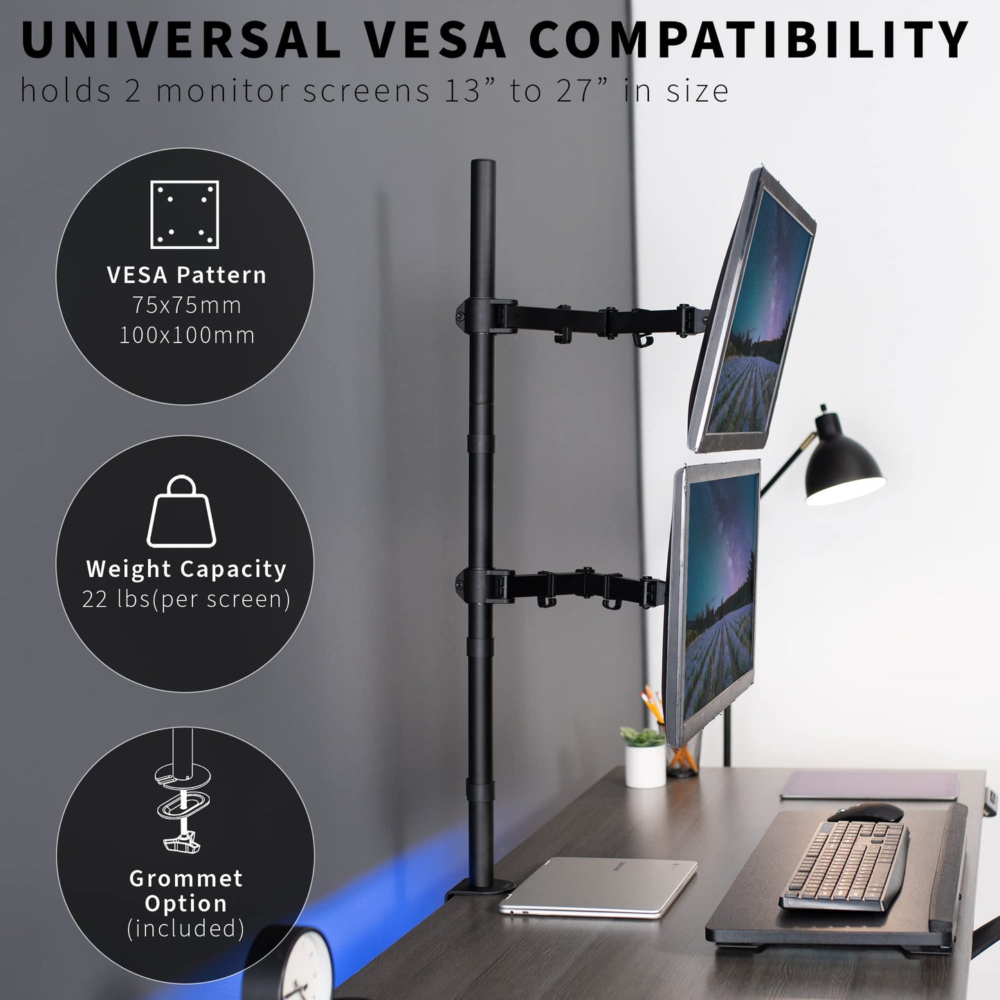 VIVO Extra Tall Vertically Stacked Dual Monitor Desk Mount Stand with 39 inch Stand-up Pole, Fully Adjustable Extended Arms, Fits 2 Screens up to 27