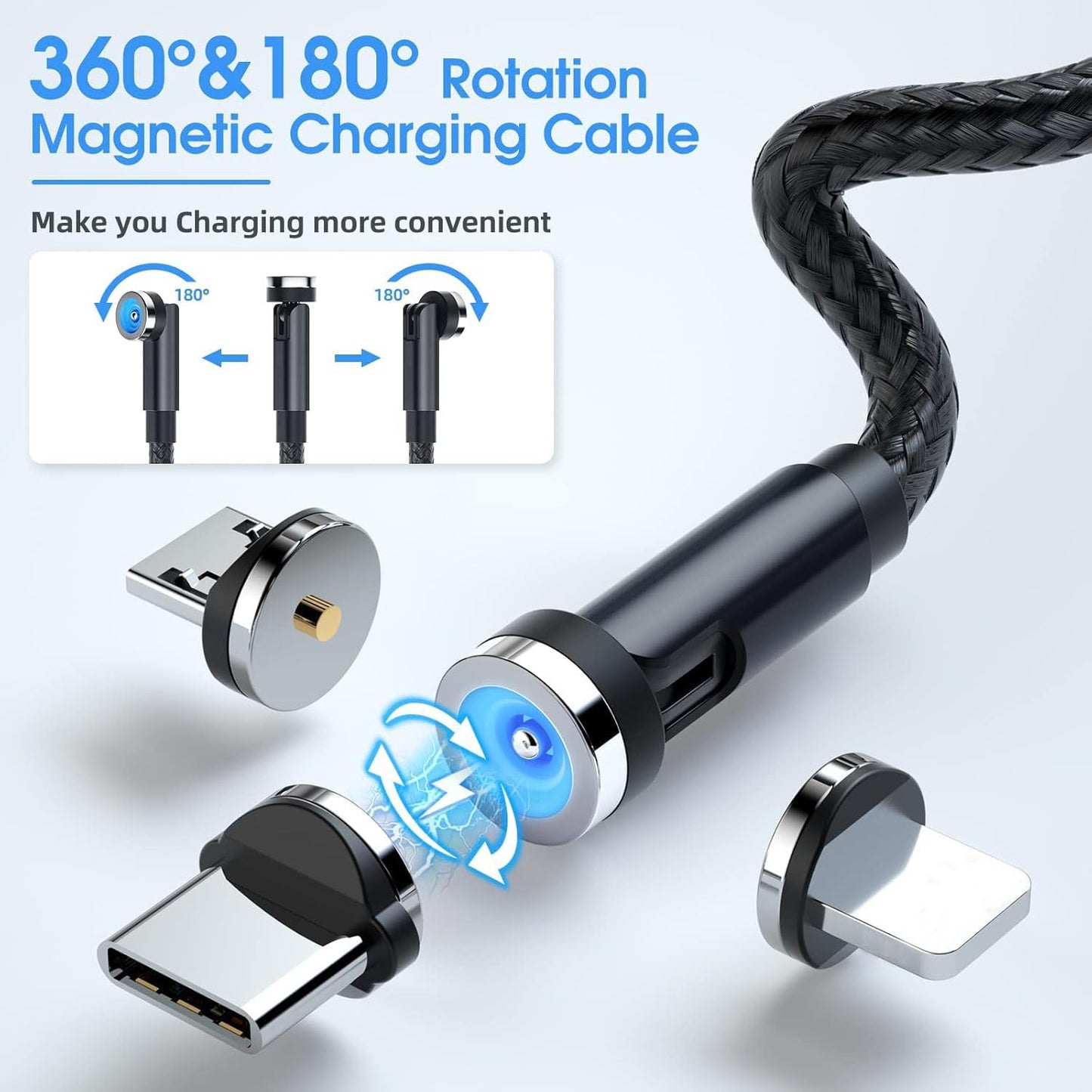 Bojianxin Magnetic Charging Cable 540° Rotation?7-Pack, 1.6ft/3.3ft/3.3ft/6.6ft/6.6ft/10ft/10ft, 3 in 1 USB C Magnetic Phone Charger Cable Compatible
