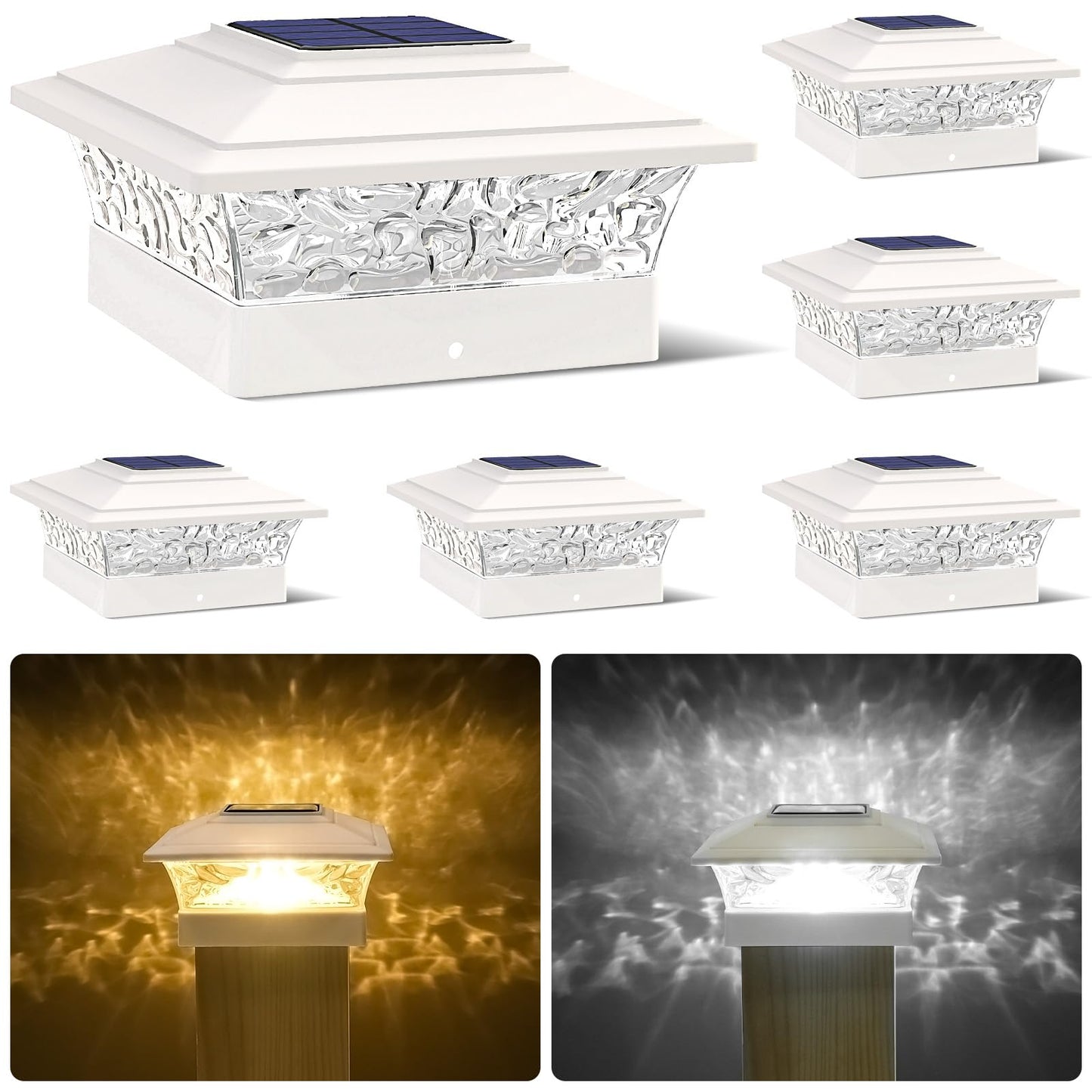 Solar Post Cap Lights Outdoor 6pack, Waterproof Solar Powered Deck Fence Post Lights Fit 4x4/5x5/6x6 Wood/Vinyl Posts, White Vinyl Fence Post lights