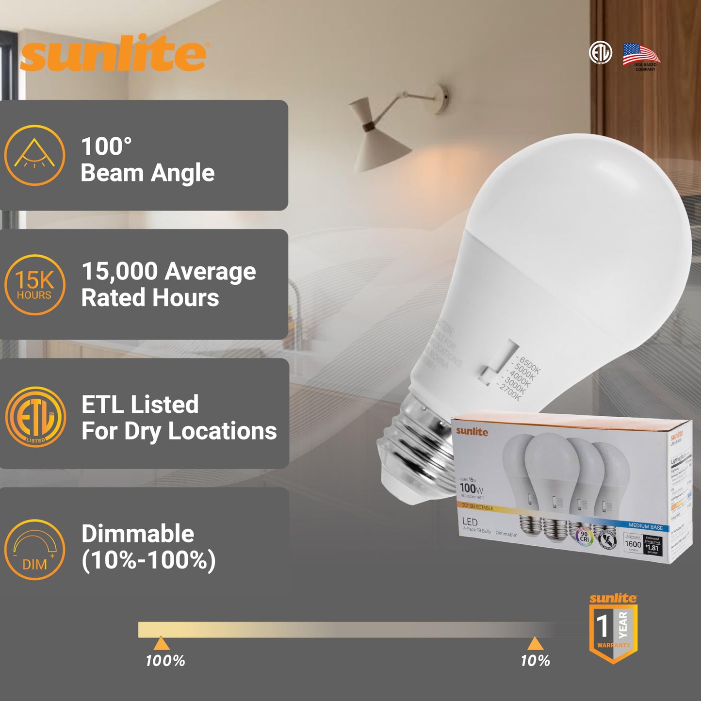 Sunlite LED A19 Light Bulbs 15 Watts E26 Medium Base, 1600 Lumens, Dimmable LED 100 Watt Equivalent Energy Efficient Lighting, ETL Listed, CCT