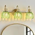 Oktownn Gold Bathroom Light Fixtures, 20 Inch Vintage Vanity Lights for Bathroom, 3-Light Modern Vanity Lights with Ribbed Green Tulip Glass Shade