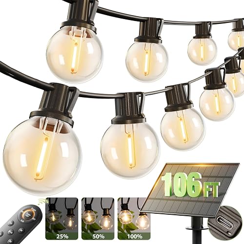 addlon 106FT(100+6) Solar String Lights with Remote, 54 Shatterproof G40 Bulbs, Commercial Grade Solar Powered Outdoor Light, Dimmable Waterproof