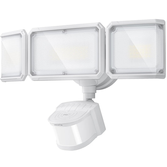 LEPOWER-TEC Zero Blind Spots Outdoor Security Light with 240° & 100ft Dual PIR Motion Sensor, 7000LM Adjustable Flood Light Brightness for Garage