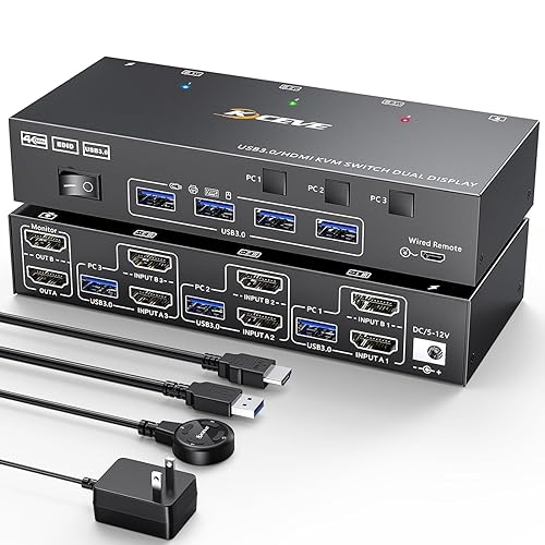 3 Computers 2 Monitors KVM Switch, Reyoten HDMI2.1 KVM Support 4K@60Hz 2K@144Hz USB 3.0 KVM Switches Share 2 Monitors and 4 USB 3.0 Ports, Support