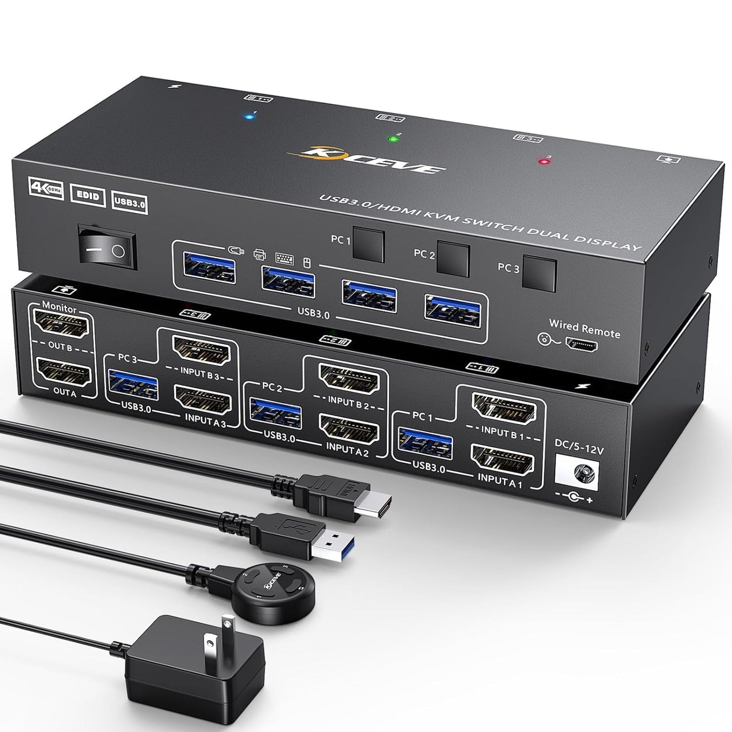 3 Computers 2 Monitors KVM Switch, Reyoten HDMI2.1 KVM Support 4K@60Hz 2K@144Hz USB 3.0 KVM Switches Share 2 Monitors and 4 USB 3.0 Ports, Support