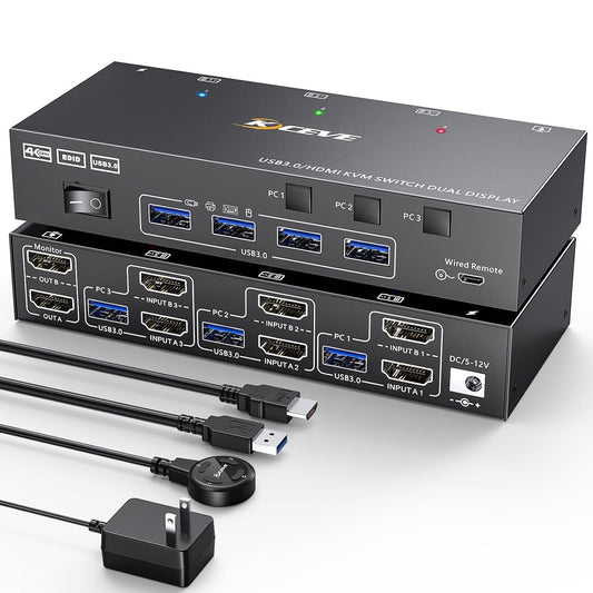 3 Computers 2 Monitors KVM Switch, Reyoten HDMI2.1 KVM Support 4K@60Hz 2K@144Hz USB 3.0 KVM Switches Share 2 Monitors and 4 USB 3.0 Ports, Support