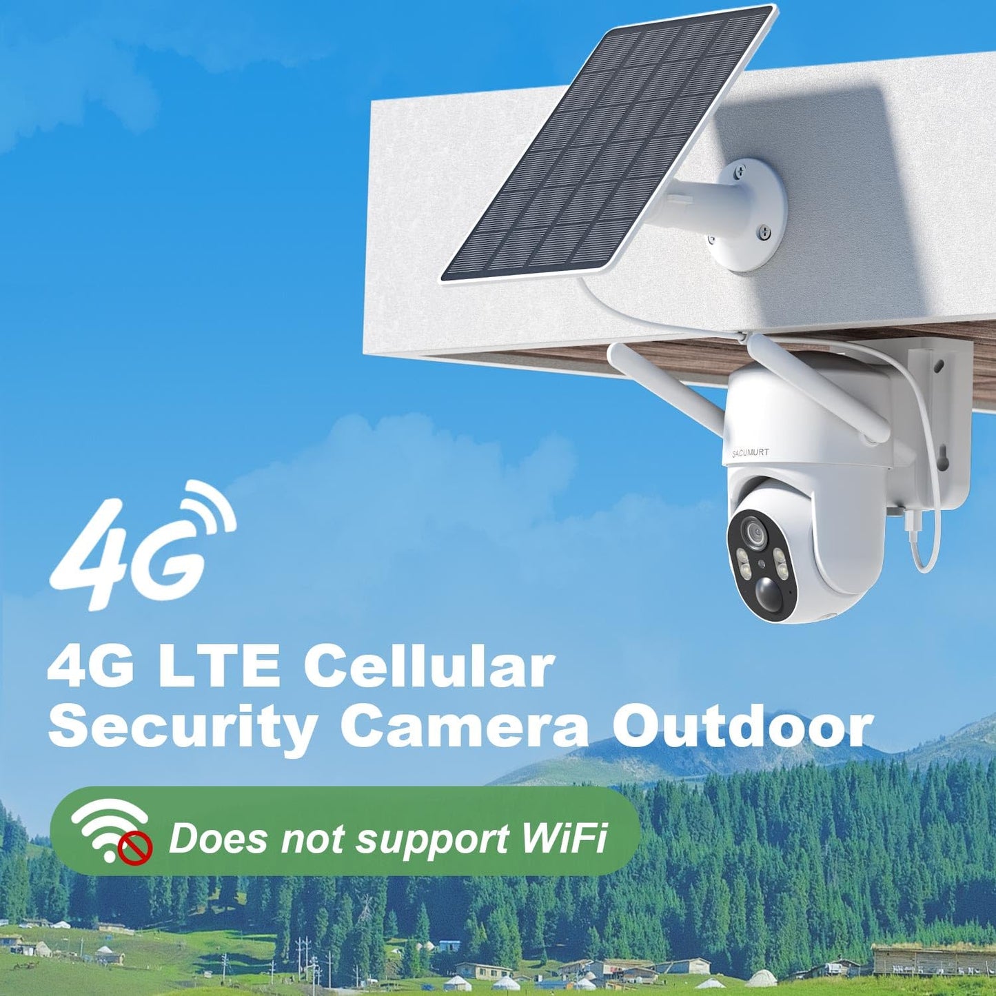 SACUMURT 4G LTE Cellular Security Camera Outdoor Wireless, No WiFi Security Cameras, Solar Camera Outdoor Wireless, 360 PTZ, 2K HD, Motion Detection