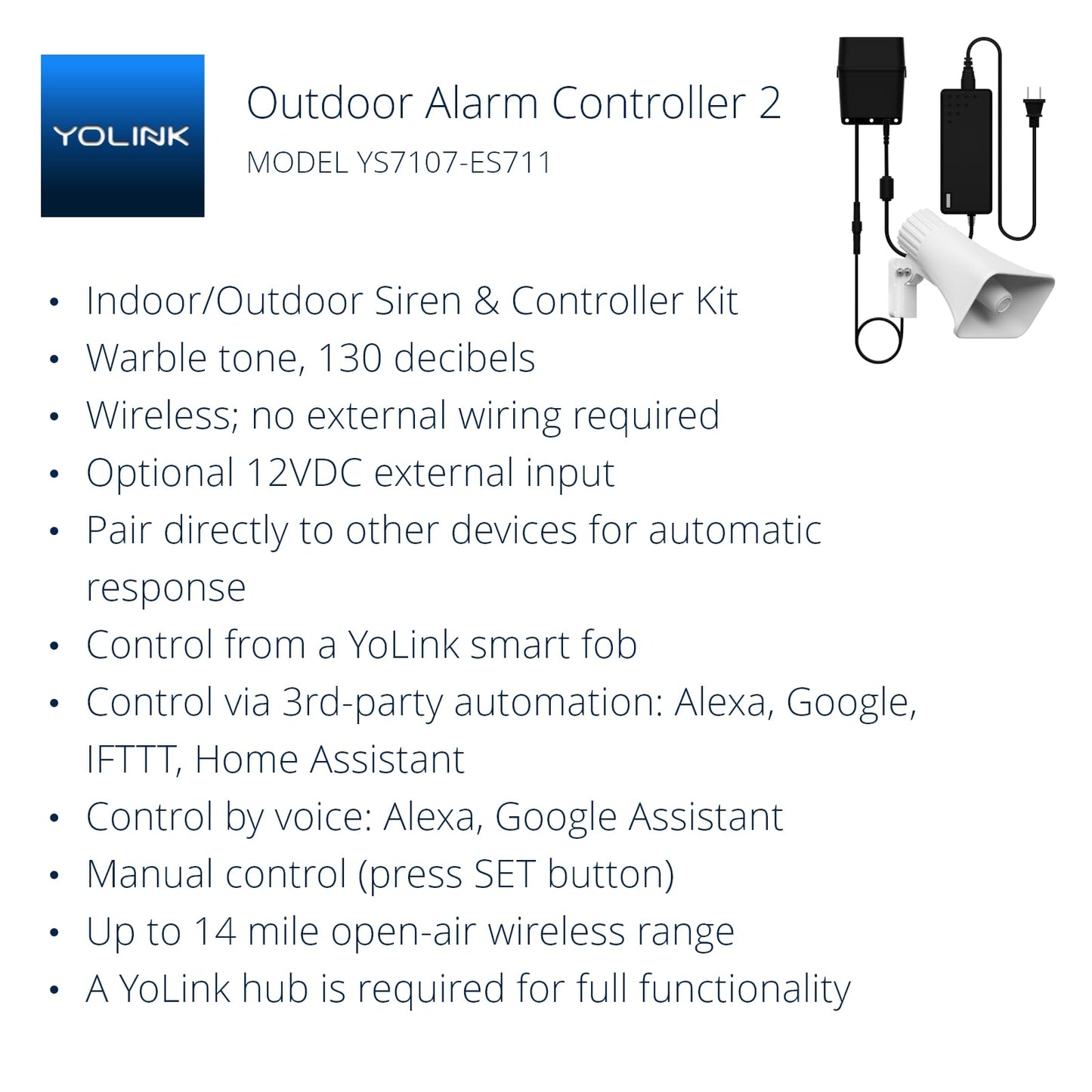 Outdoor Alarm Controller 2, Siren/Alarm/Relay Controller, 12VDC Out, 12VDC in, 130dB Siren with 12VDC on, 110dB Siren with Battery only, YoLink Hub