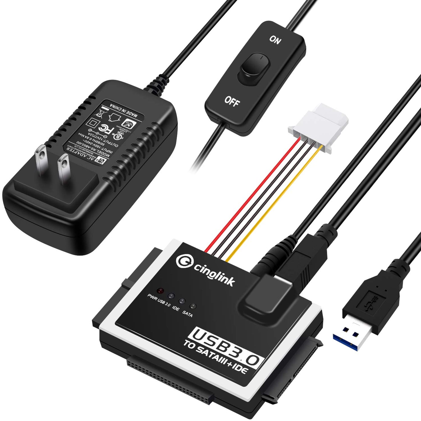 Cinolink SATA IDE to USB 3.0 Adapter for Universal 2.5"/3.5" Inch IDE and SATA External HDD/SSD with 12V 2A Power Adapter