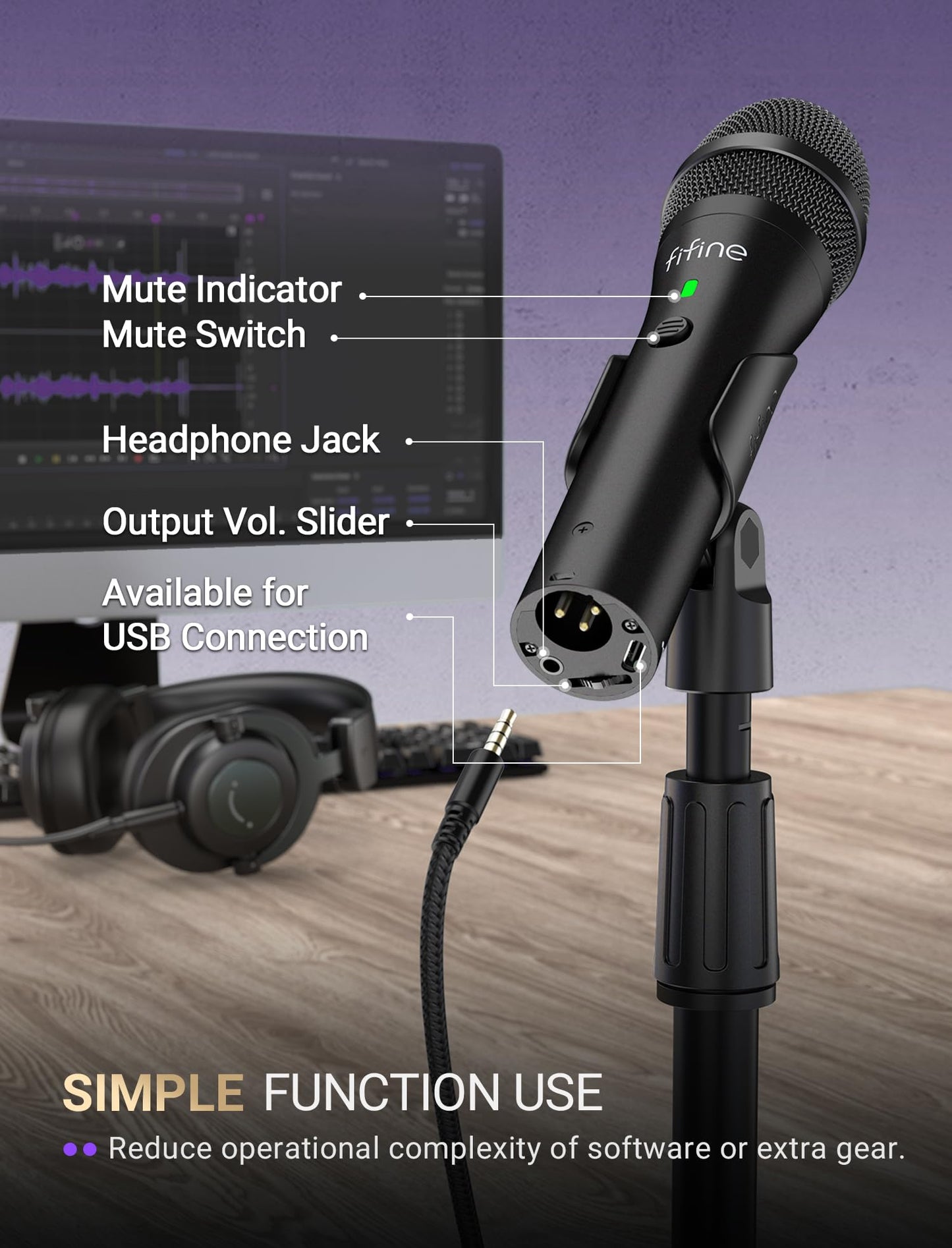 FIFINE USB/XLR Dynamic Microphone for Podcast Recording, Studio Handheld Mic Set with Desktop Stand for Vocal, Voice Over, Streaming, Black-AmpliTank