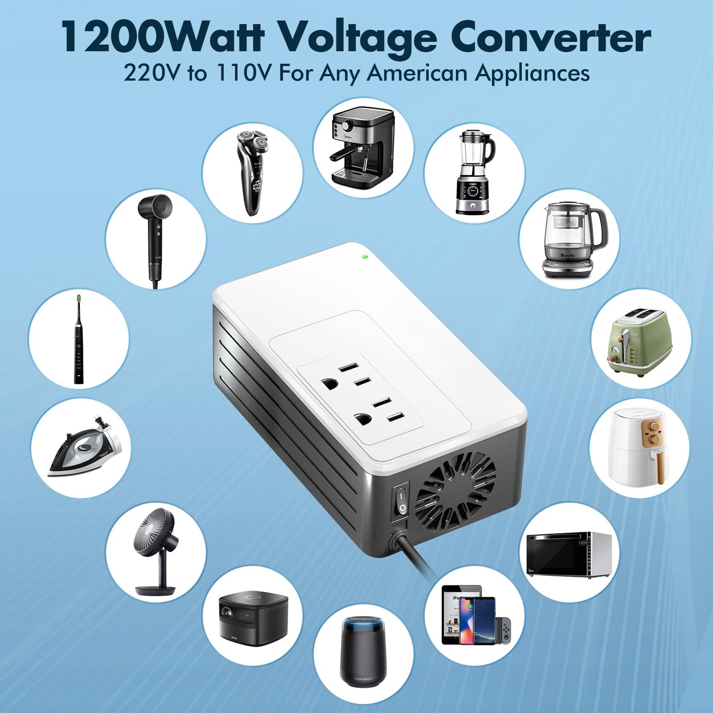 1200W Universal Travel Adapter Converter Step-Down 220V to 110V, 2 lbs Light Weight, Stable Pure Sine Wave, for Hair dryers, straighteners, Curling…