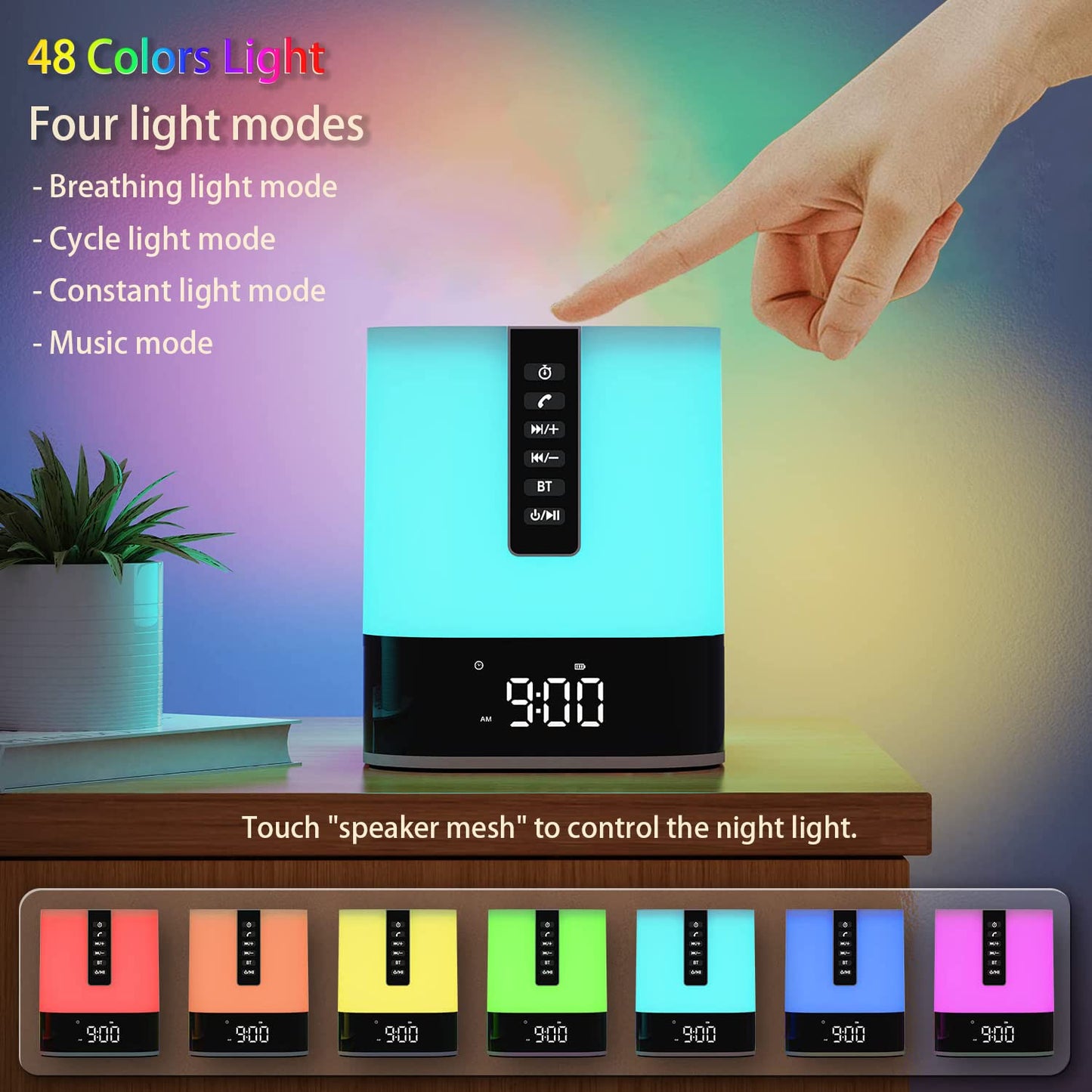 Night Light Bluetooth Speaker, HD Stereo Sound, Bedroom Alarm Clock Wireless Bluetooth Speakers, Multicolor Changing Bedside Lamp for Kids, MP3 Music