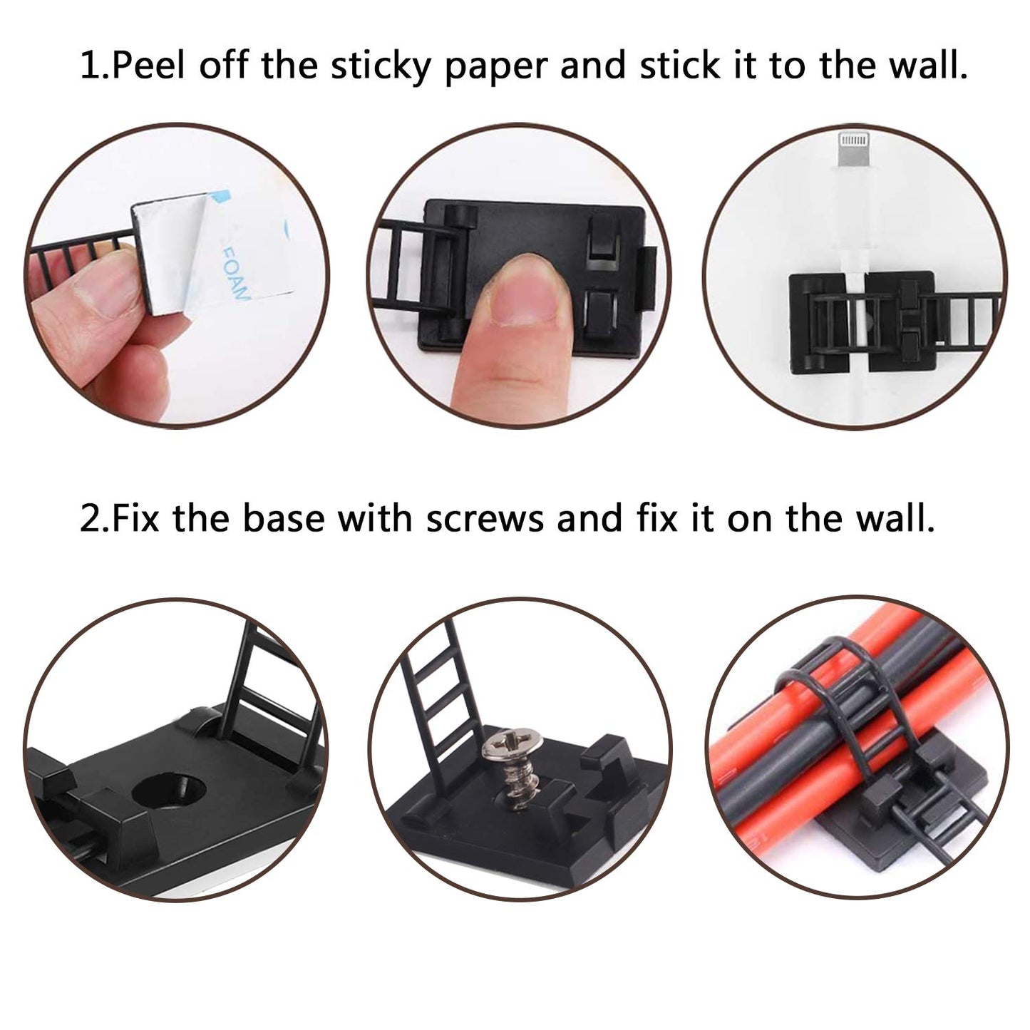 50Pcs Adhesive Cable Management Ties Extra Screw & Hole,Multi-Purpose Wire Organizer Adjustable Nylon Cable Straps Cord Holders for Home and Office