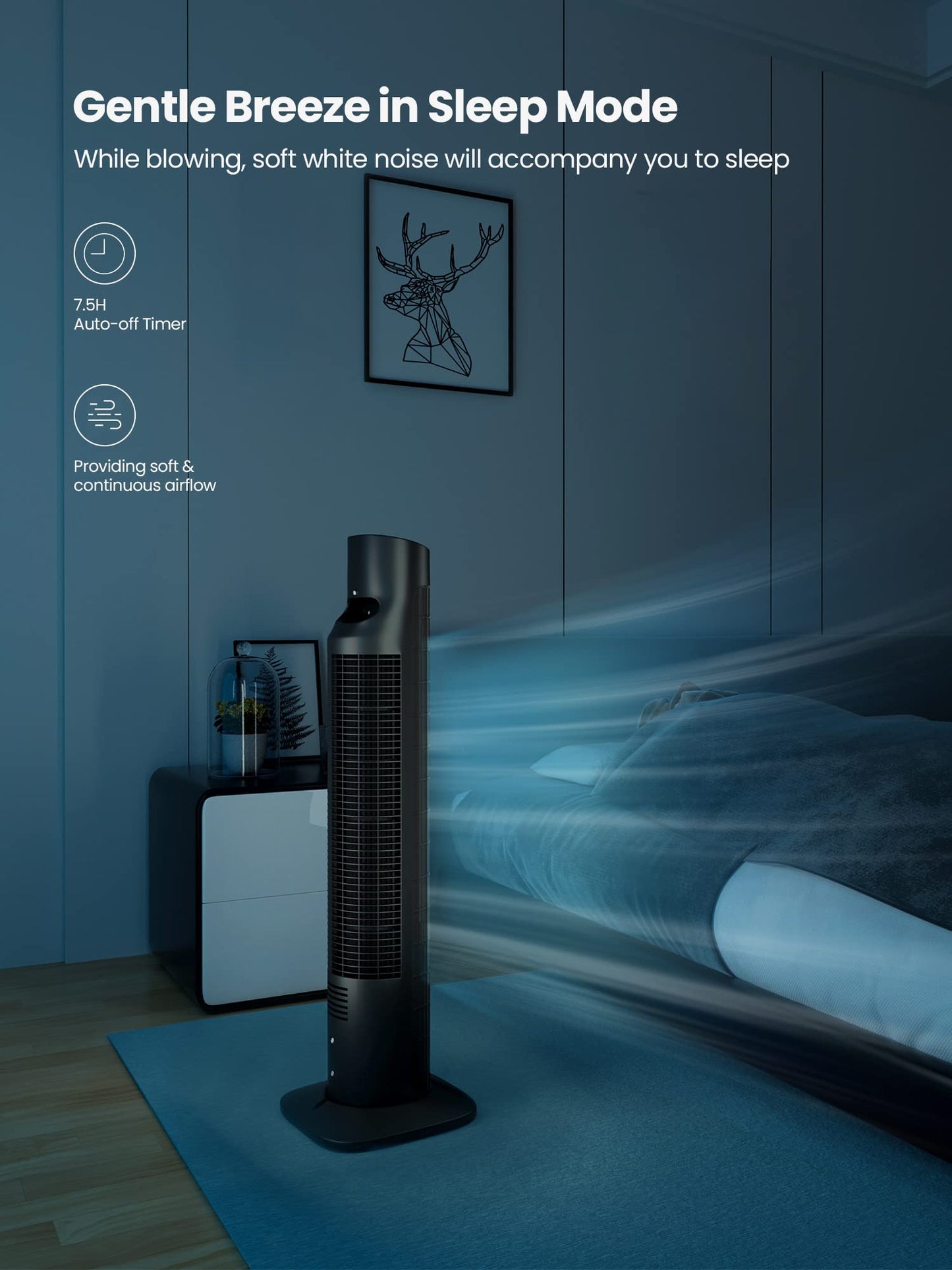 Uthfy Tower Fan for Bedroom, 120° Oscillating Standing Fan with Quiet Sleep Mode, 3 Speeds & 3 Modes, 7.5H Timer, Remote/Touch Control, Bladeless