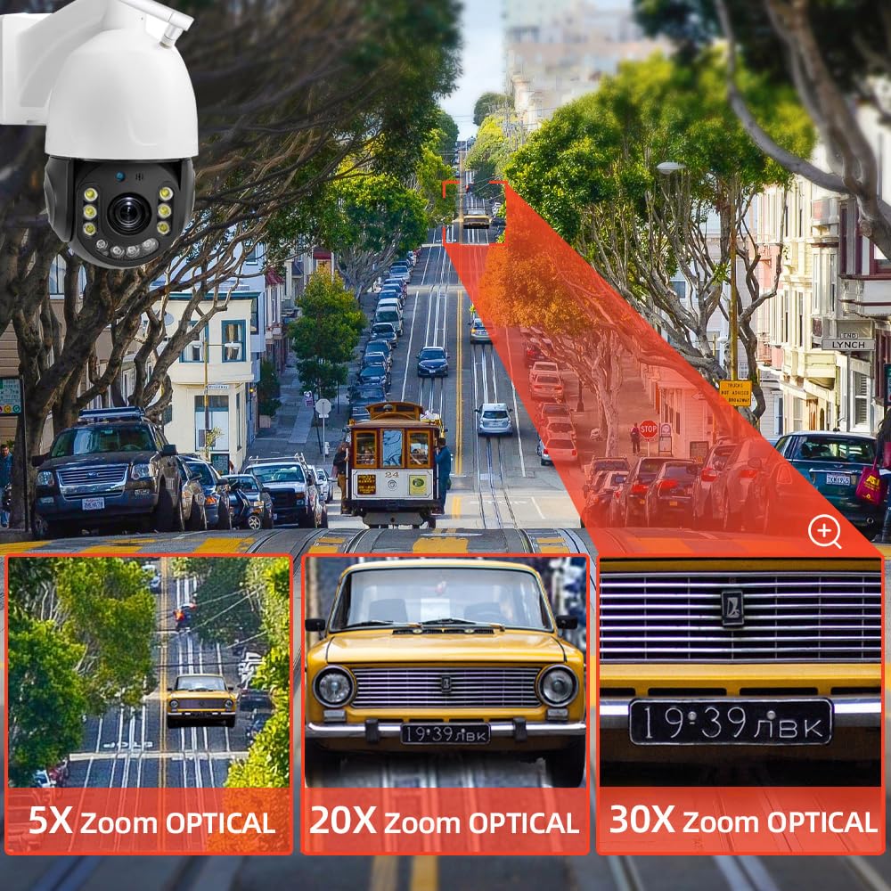 Funxwe 5MP 30X Optical Zoom Security PTZ Camera, WiFi 2.4GHz 5GHz Speed Dome Wireless IP Camera, Motion Detection Auto Tracking Outdoor Color Night