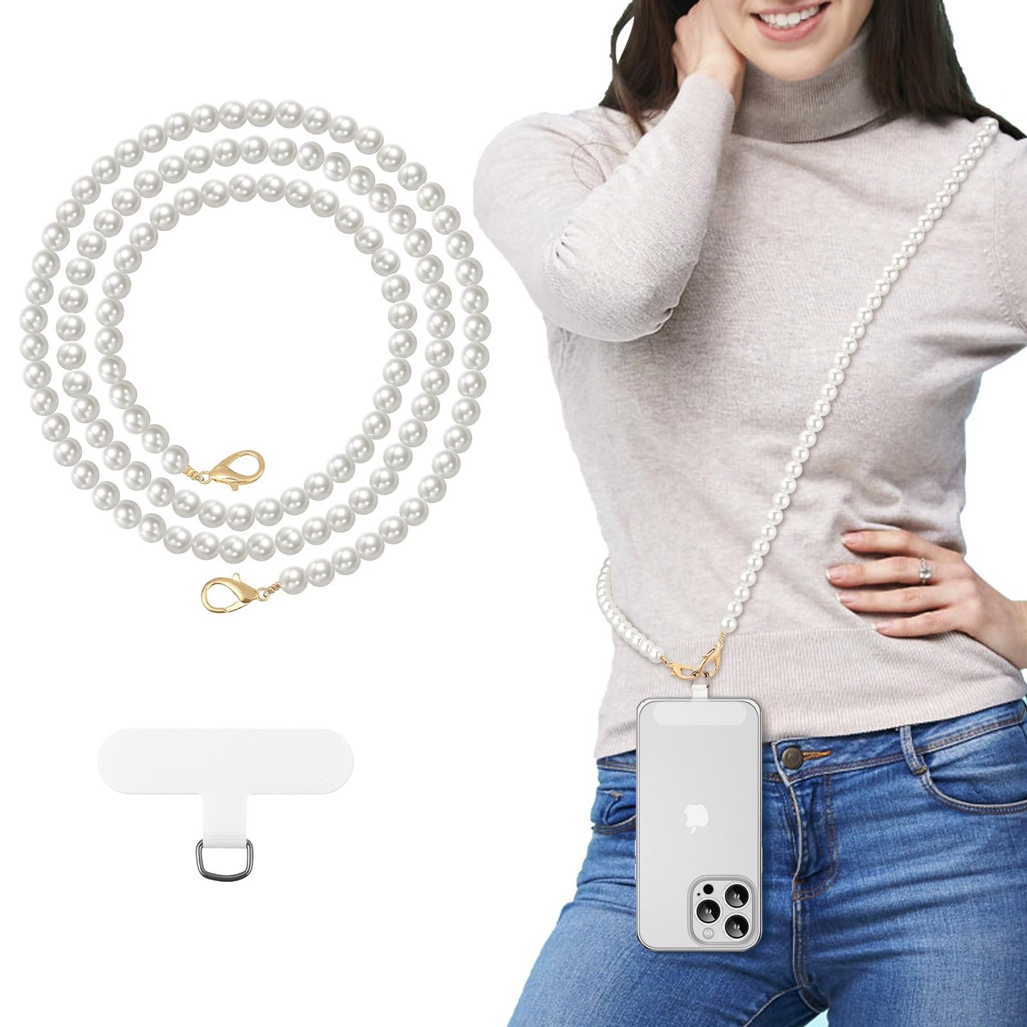 MoKo Universal Phone Lanyard, Pearl Beaded Cell Phone Chain Crossbody Strap Anti-Theft Detachable Women Cellphone Lanyards Around The Neck