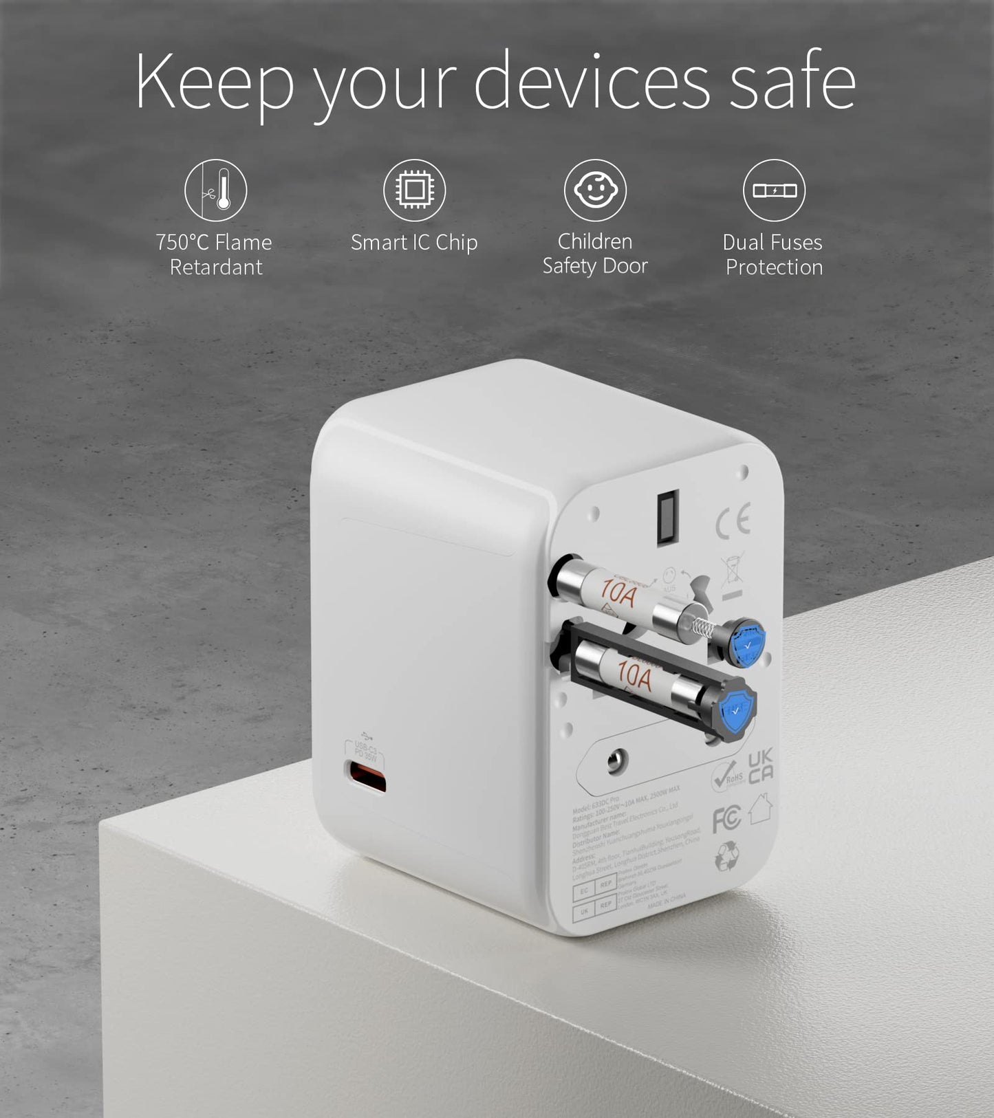 Universal Travel Adapter with USB C PD 35W Fast Charge, FSTravelP International Plug Adapter with 5 USB Ports (2 USB A+3 Type C) Dual 10A Fused…