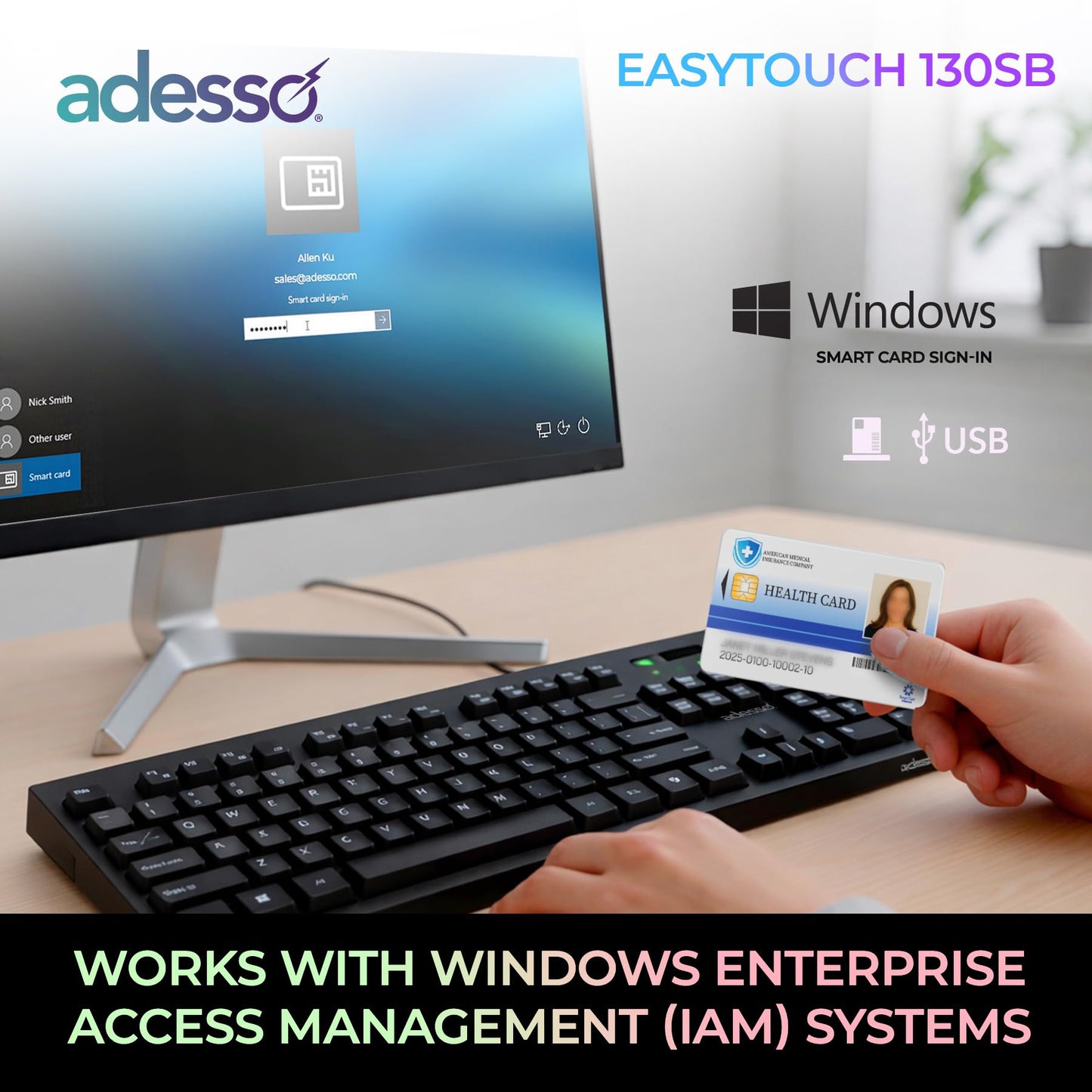 Adesso EasyTouch 130SB Wired Mechanical Keyboard with Red Switches, Built-in Smart Card Reader, Copilot AI Hotkey, 2X Large Print Keycaps, 104 Key