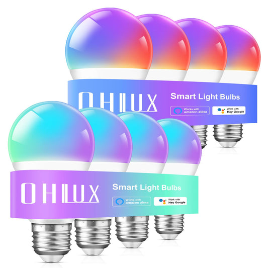 OHLUX Smart Light Bulbs 8Pack, WiFi & Bluetooth, RGB Color Changing, 100W Equivalent, Dimmable, A19 E26 110V, Compatible with Alexa, Google Assistant