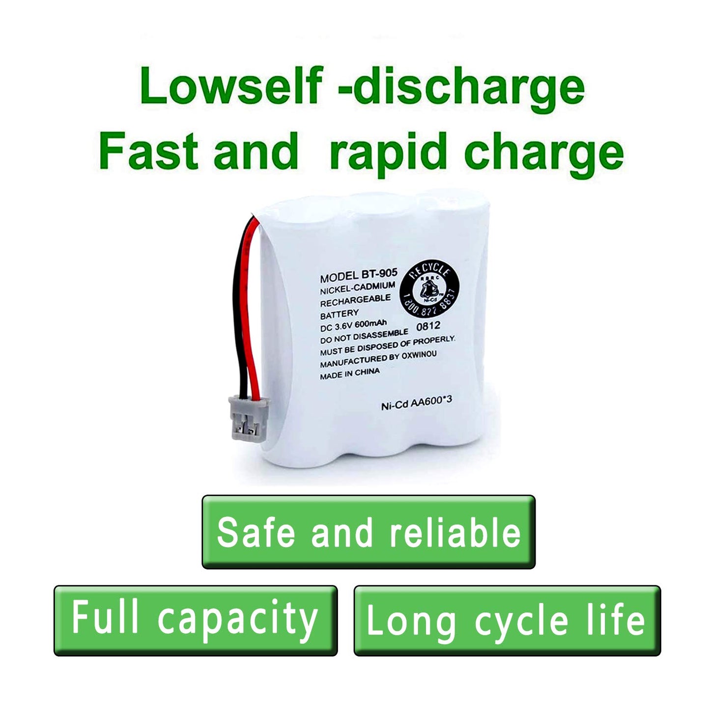 OXWINOU BT-905 BT905 Rechargeable Cordless Handset Phone Battery Compatible with for BBTY0663001 BBTY-0444001 BP-800 BP-905 BT-1006 3.6v 600mAh Ni-CD