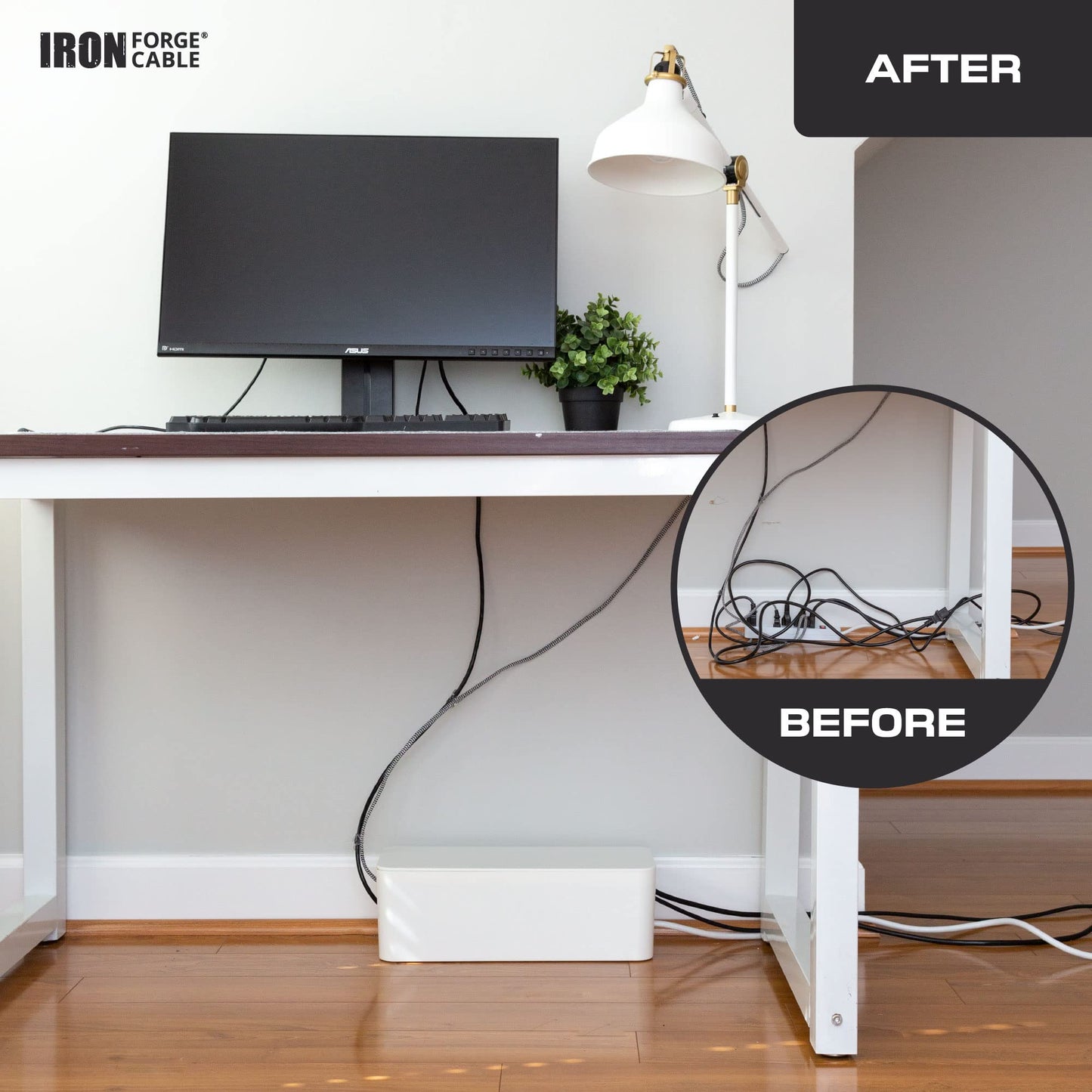 Iron Forge Cable Cable Management Box, 2 Pack - White Cord Organizer and Hider for Wires, Power Strips, Surge Protectors & More - Includes Sleeve