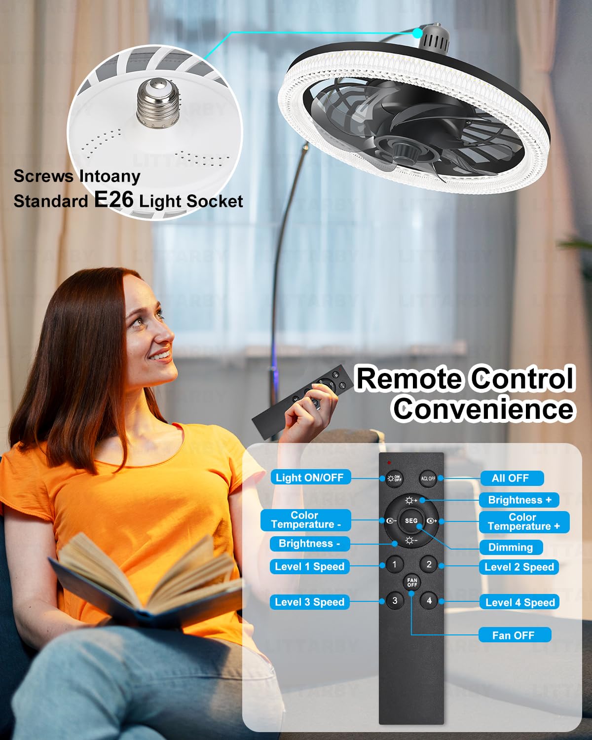 Ceiling Fans with Lights, Socket Fan Light with Remote Control, Dimmable Brightness 3000K-6500K Memory, Socket Modern Flush Mount Low Profile Ceiling