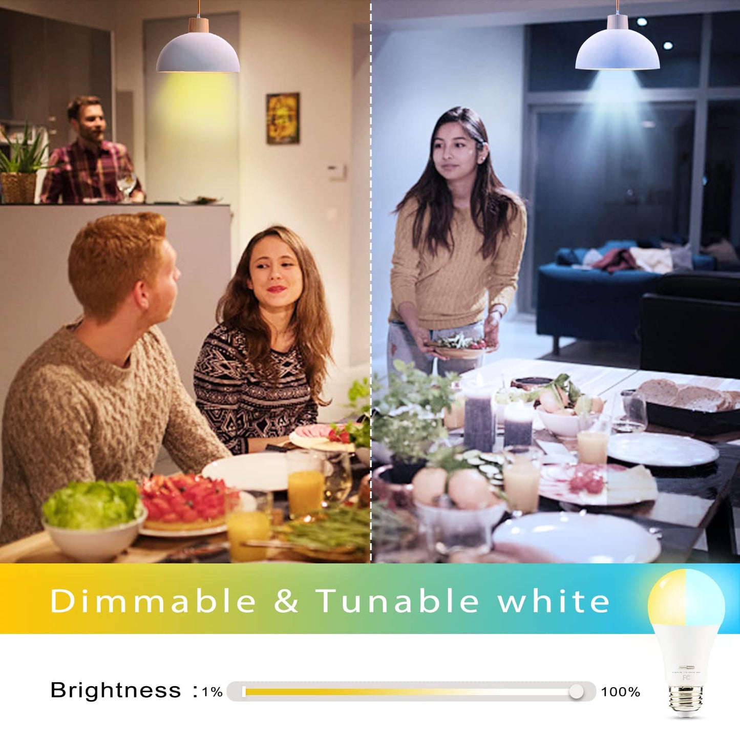 Homevenus HVS Smart Light Bulbs,9W A19 E26 Dimmable Tunable Cool Warm White LED Light Bulb 2500k-6500k, APP Control 2.4GHz WiFi Bluetooth Assist