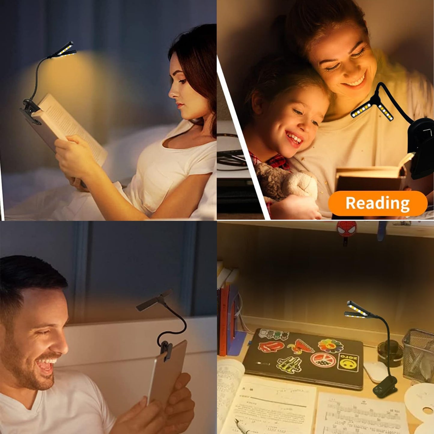 Ruoaueob Rechargeable Clip On Book Light, 3 Color Eye-Care LED Reading Light, 360° Rotatable Bed Reading Lamp, USB Rechargeable, Portable Book Light