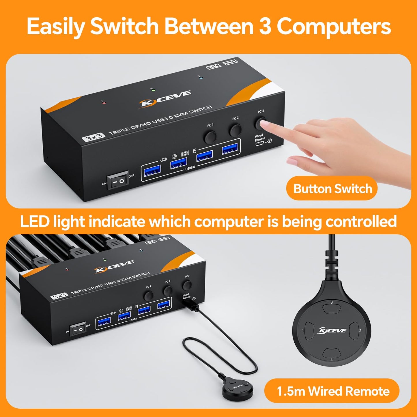 KCEVE 8K KVM Switch 3 Monitors 3 Computers Displayport HDMI, USB 3.0 KVM Switch Triple Monitor 4K@144Hz 8K@60Hz for 3 Computers Share Keyboard Mouse