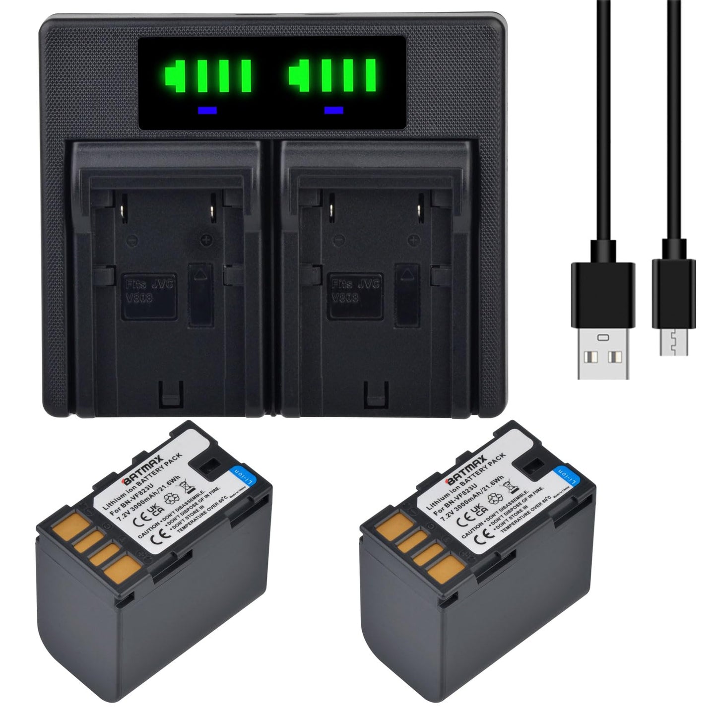 Batmax 2Pcs 3000mAh BN-VF823 Battery + Quick LED USB Charger with Type C Port for JVC BN-VF823 BN-VF823U Everio GZ-MG130 148 150 155 175 255 2GZ-HD7