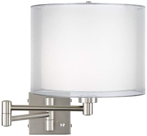 Possini Euro Design Modern Swing Arm Wall Lamp Brushed Nickel Plug-in Light Fixture Dimmable Double Sheer Silver White Drum Shade for Bedroom Bedside