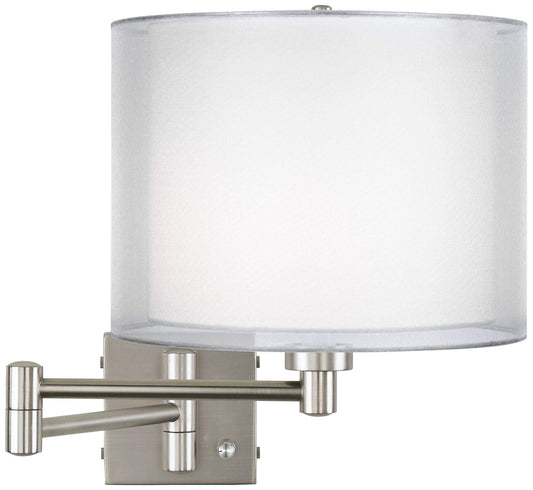Possini Euro Design Modern Swing Arm Wall Lamp Brushed Nickel Plug-in Light Fixture Dimmable Double Sheer Silver White Drum Shade for Bedroom Bedside