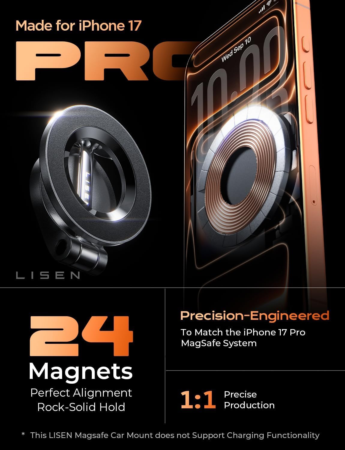 LISEN for MagSafe Car Mount for iPhone 17 Pro Max [24 Strong Magnets] Classic Magnetic Phone Holder for Car Dashboard Magnet Phone Mount Car Cell