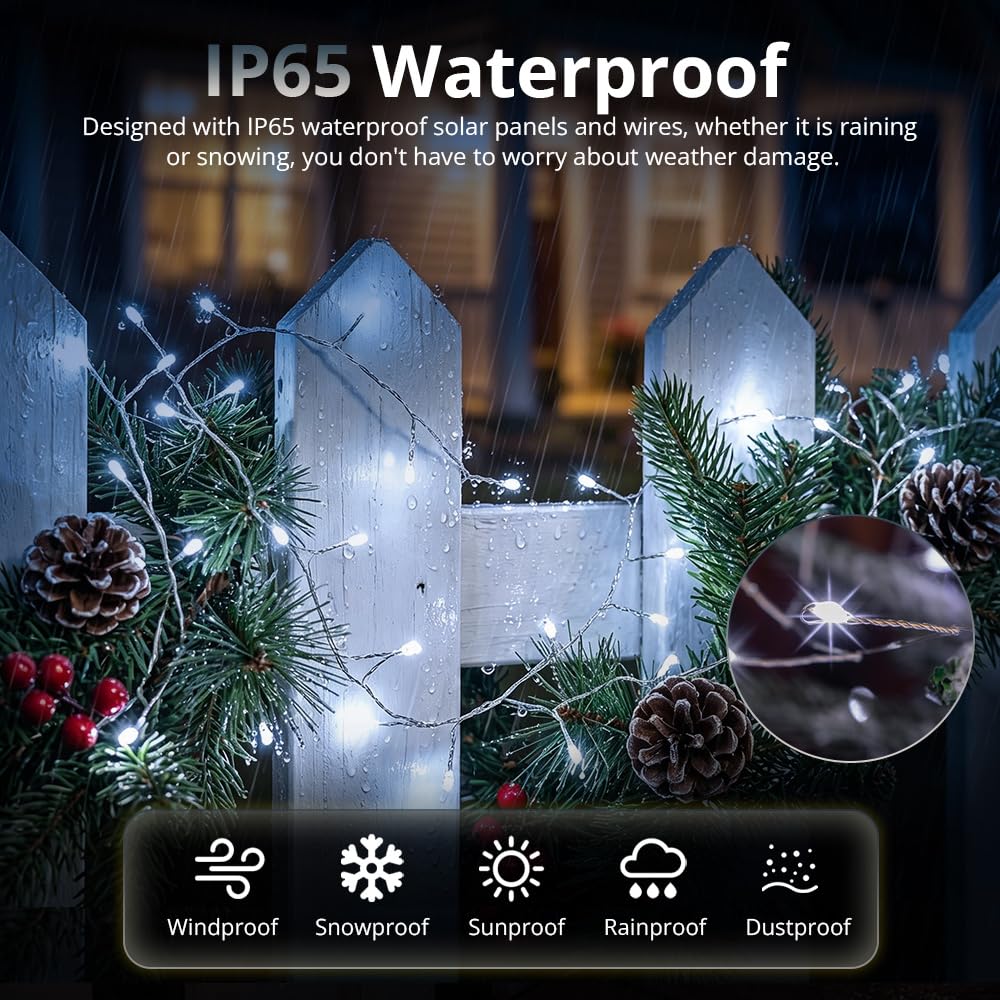 PCORES 20FT 200LED Solar String Lights, Outdoor Waterproof 8 Modes, Silver Copper Wire Firecracker Fairy Lights | Solar-Powered Decor for Patio