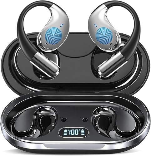 ZIDOXING Open Ear Bone Conduction Headphones?,Over Ear Earbuds with Ergonomic Earhook,Bluetooth Headphones 5.4 with Smart Digital Display,50H Playtime