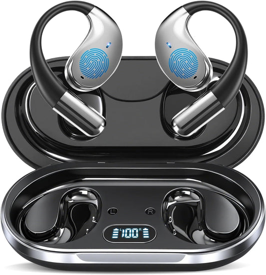 ZIDOXING Open Ear Bone Conduction Headphones?,Over Ear Earbuds with Ergonomic Earhook,Bluetooth Headphones 5.4 with Smart Digital Display,50H Playtime