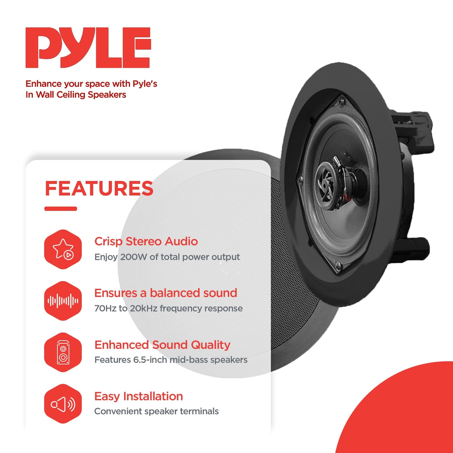 PYLE PDIC61RDBK In-Wall/In-Ceiling Dual 6.5" Speaker System, 2-Way, Flush Mount, Black (Pair)