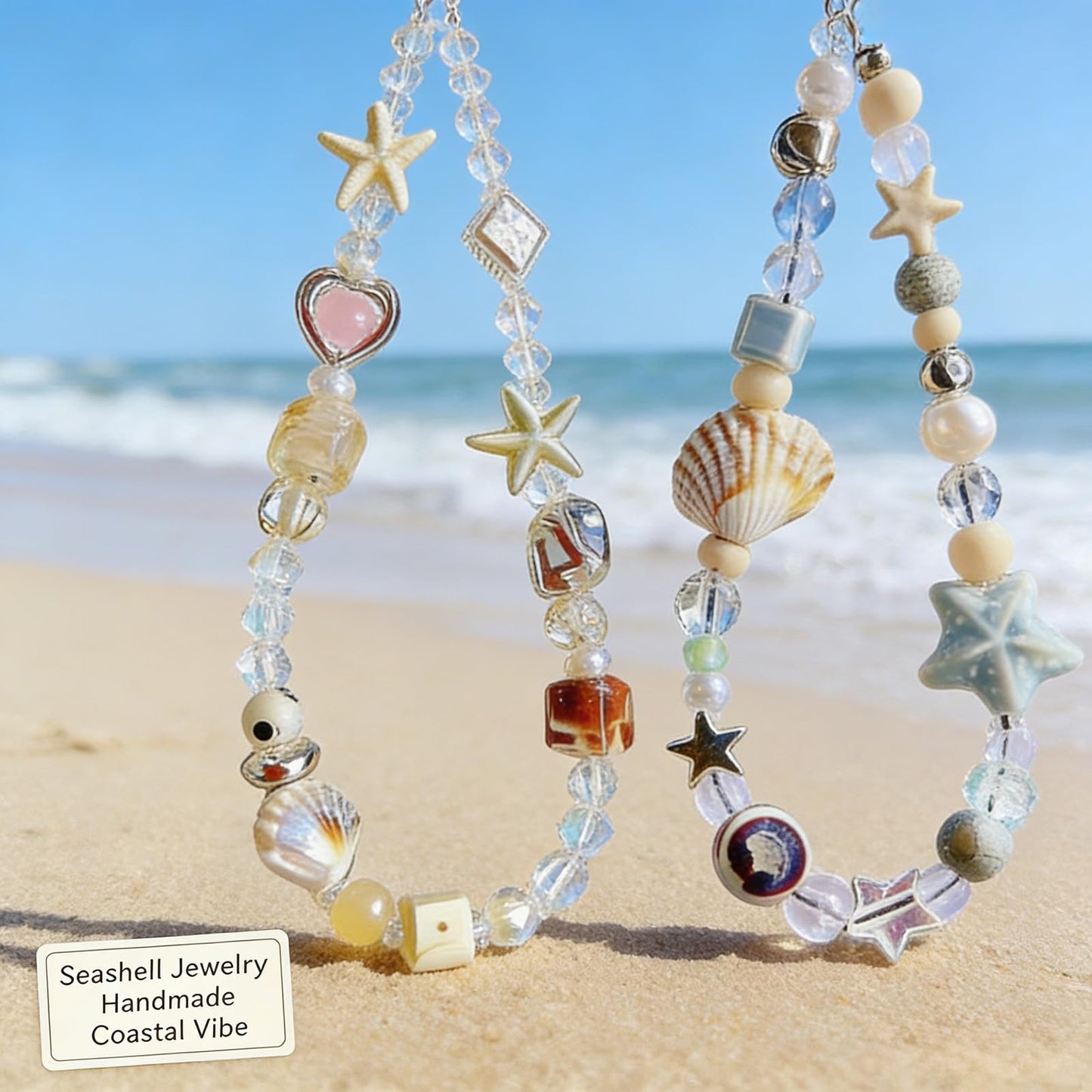 Hujnagh 2 Pcs Phone Charm Strap, Beach Style Beaded Lanyard for Phone Camera Wrist Strap, Starfish Heart and Shell Starfish Design, Cute Wrist Charm