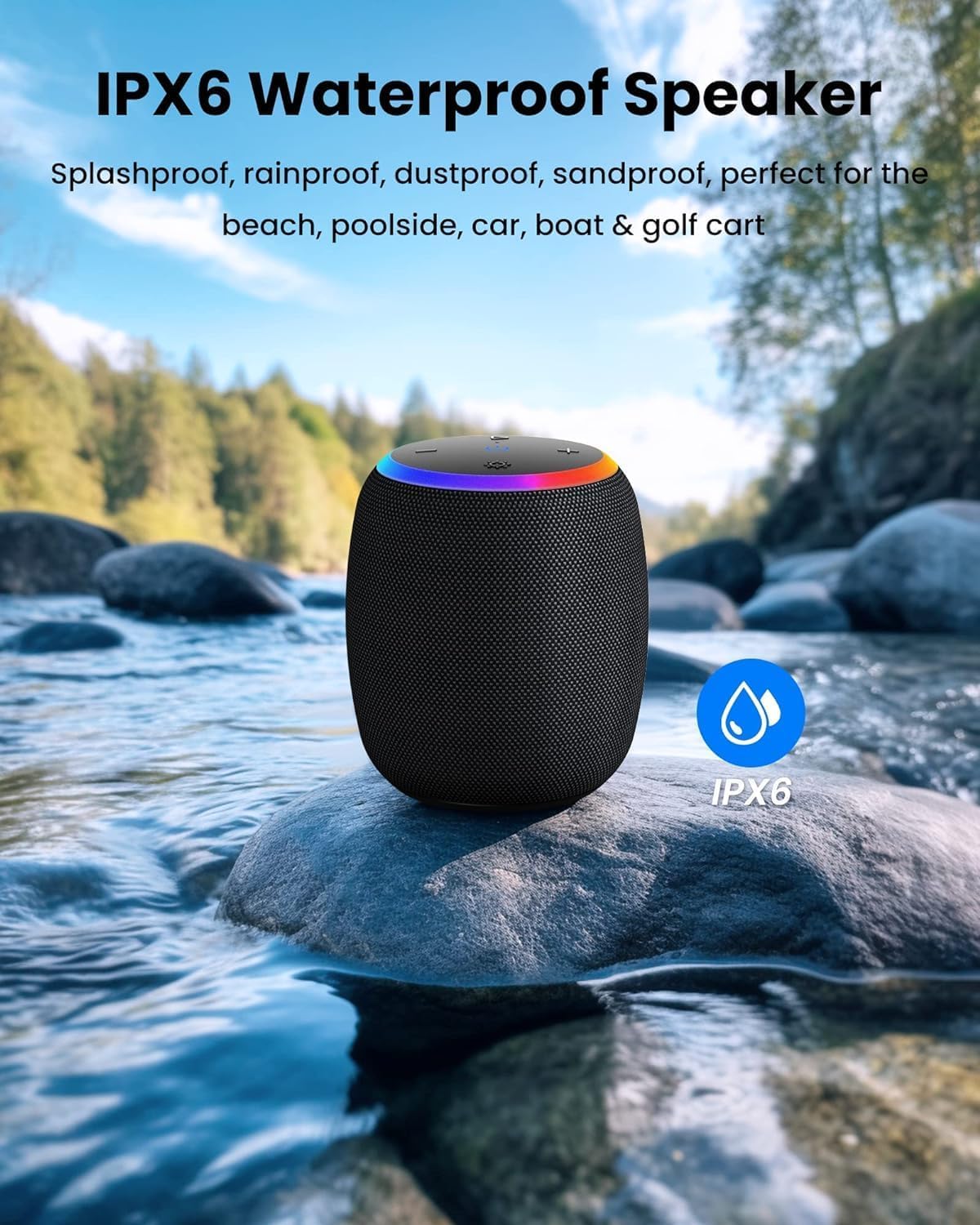 ZICOROOP Bluetooth Speaker, Portable Wireless Bluetooth 5.3, 15W Clear Bass, IPX6 Waterproof, LED Lights, AUX/TF/USB, Dual TWS Pairing, 12H Playtime