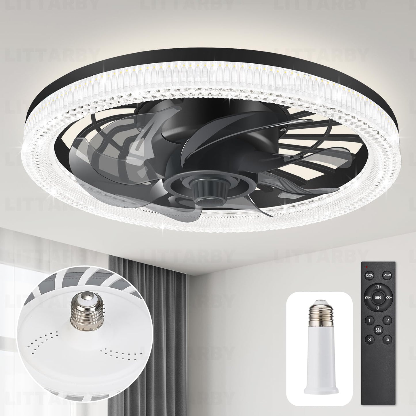 Ceiling Fans with Lights, Socket Fan Light with Remote Control, Dimmable Brightness 3000K-6500K Memory, Socket Modern Flush Mount Low Profile Ceiling
